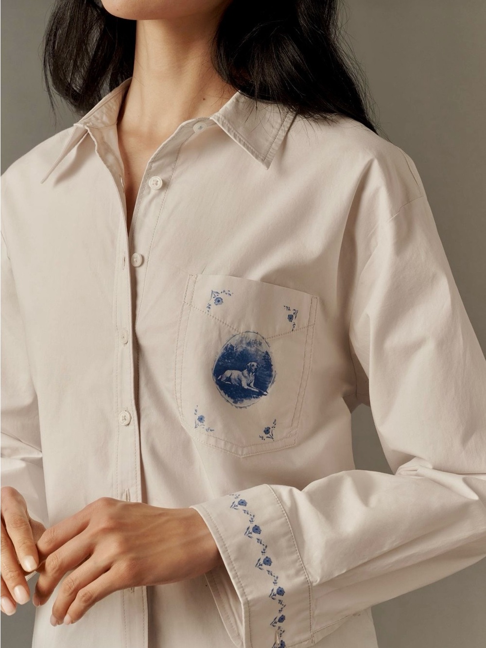 Anthropologie Cream Button-Down Shirt with Blue Pocket Motif